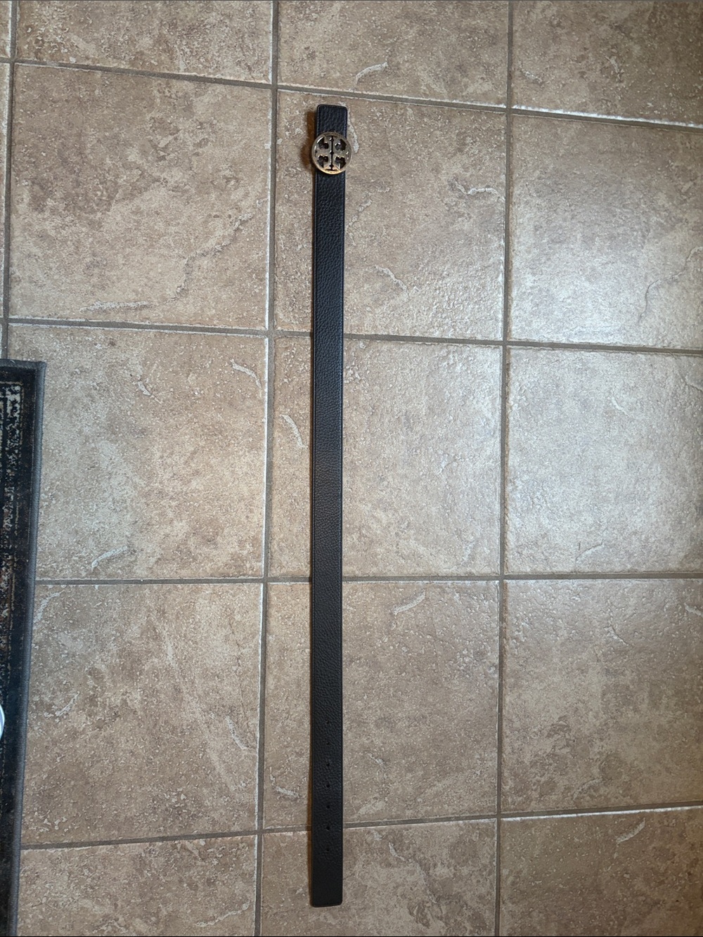 Tory Burch Black Leather Belt with Gold Logo Buckle